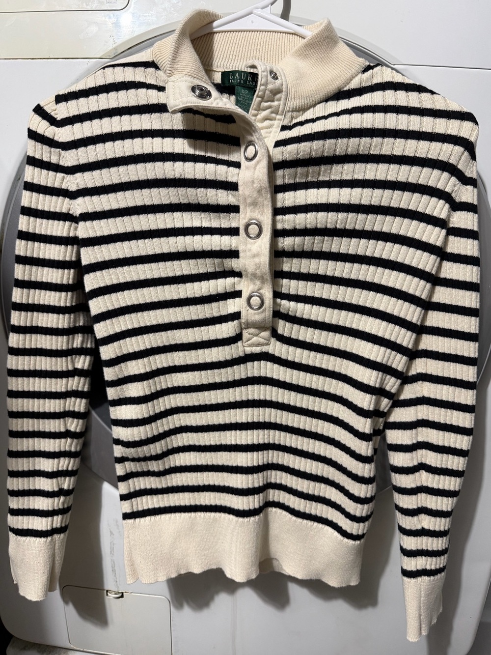 Ralph Lauren Black and Cream Striped Button-Front Turtleneck Sweater
